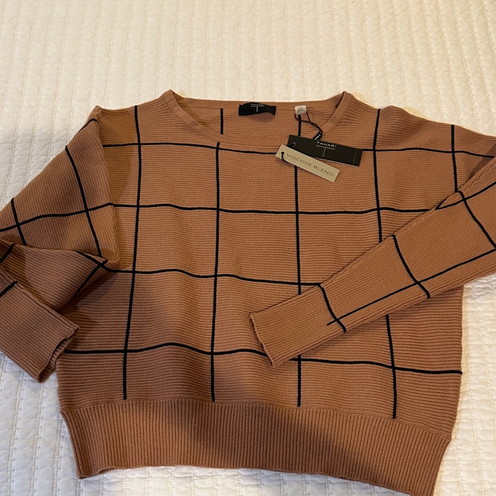 T Tahari Tan and Black Grid Crew Neck Sweater